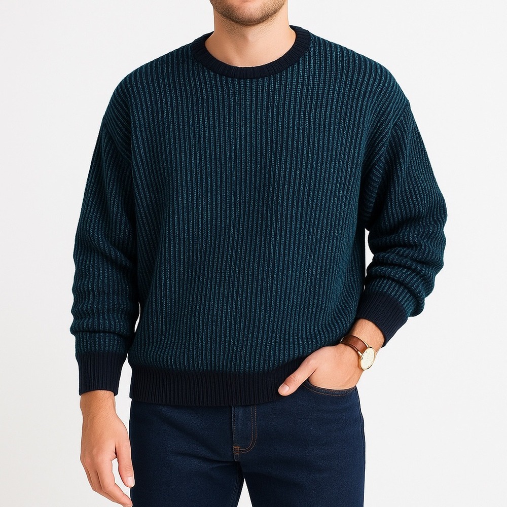 Le Tigre Mens Vintage Crewneck Sweater Navy‎ Teal Blue 90s USA Size S Fits XL